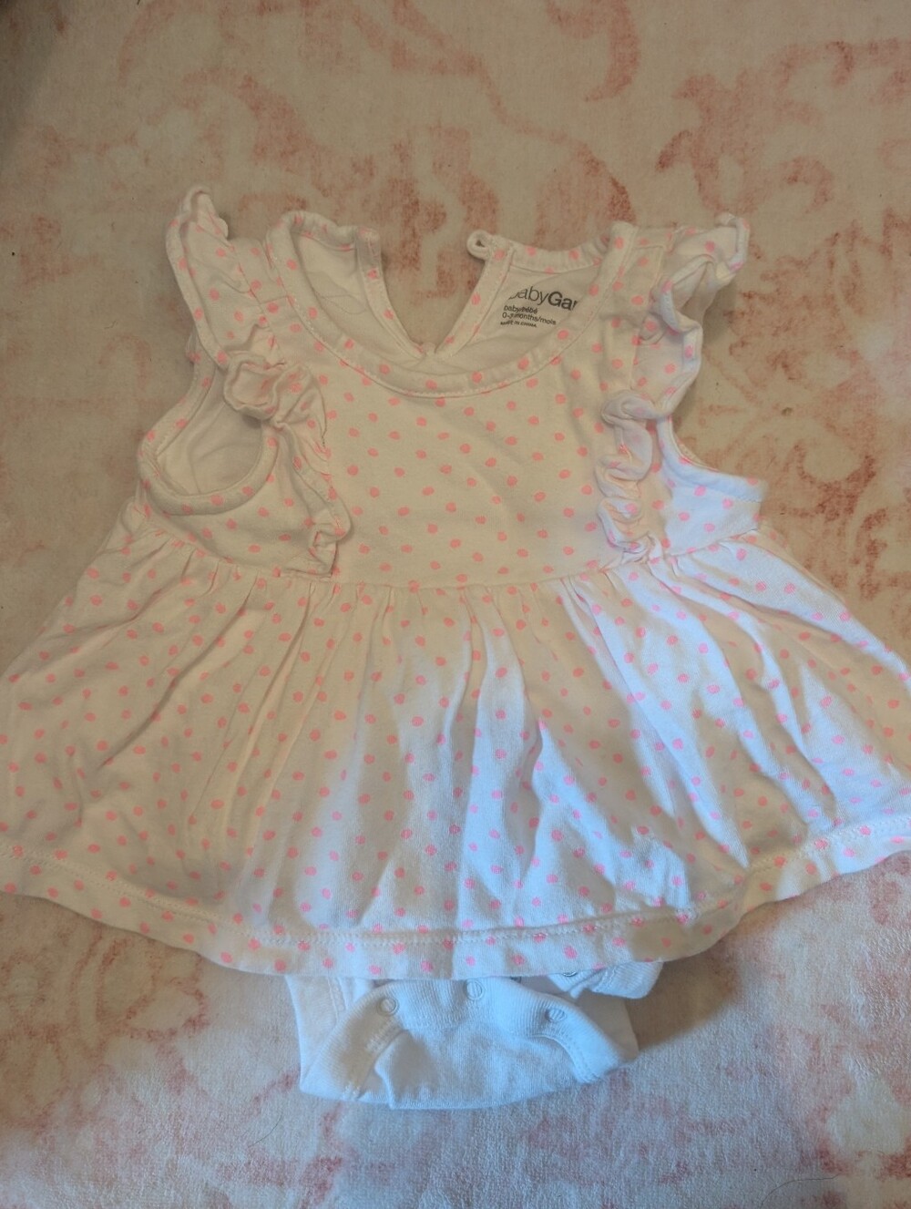 Baby Gap White Dress with Bright Pink Polka Dots and Ruffle Sleeves